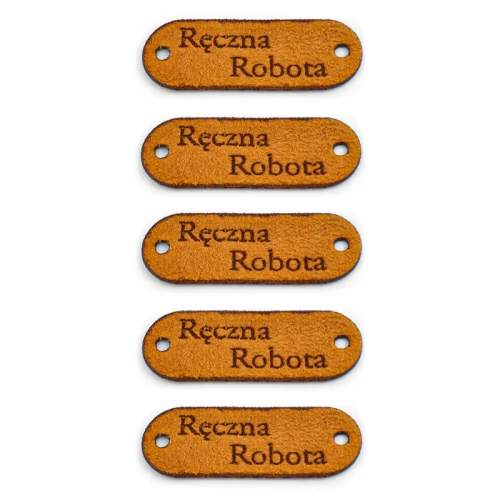 Zestaw metek nubuk premium "Ręczna robota" / rudy / 15 x 40 mm / 5 szt.
