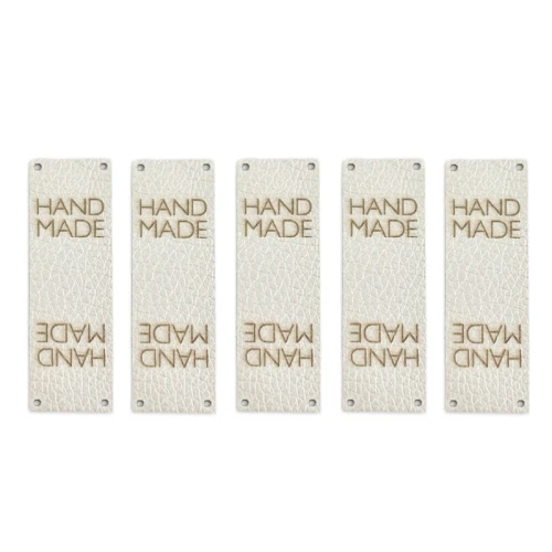 Zestaw metek ekoskóra metalizowana "HAND MADE" / perła / 60 x 20 mm / 5 szt.