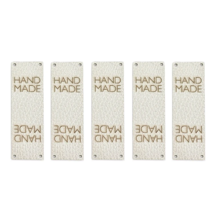 Zestaw metek ekoskóra metalizowana "HAND MADE" / perła / 60 x 20 mm / 5 szt.