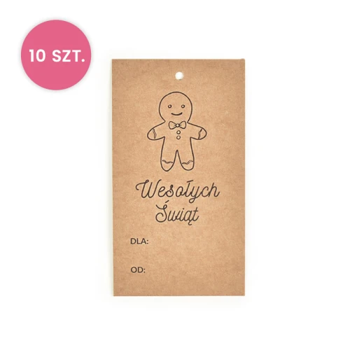 10x Zawieszka Wesołych Świąt / metka papierowa / brązowa / 50 x 90 mm / Ciastek / 050517