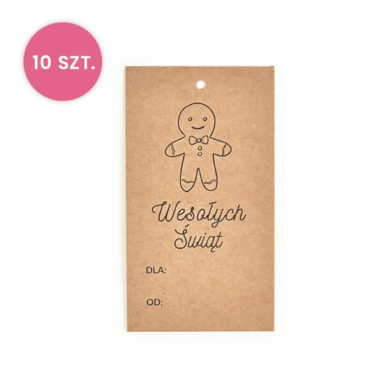 10x Zawieszka Wesołych Świąt / metka papierowa / brązowa / 50 x 90 mm / Ciastek / 050517