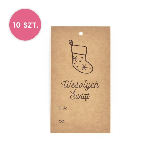 10x Zawieszka Wesołych Świąt / metka papierowa / brązowa / 50 x 90 mm / Skarpeta / 050515