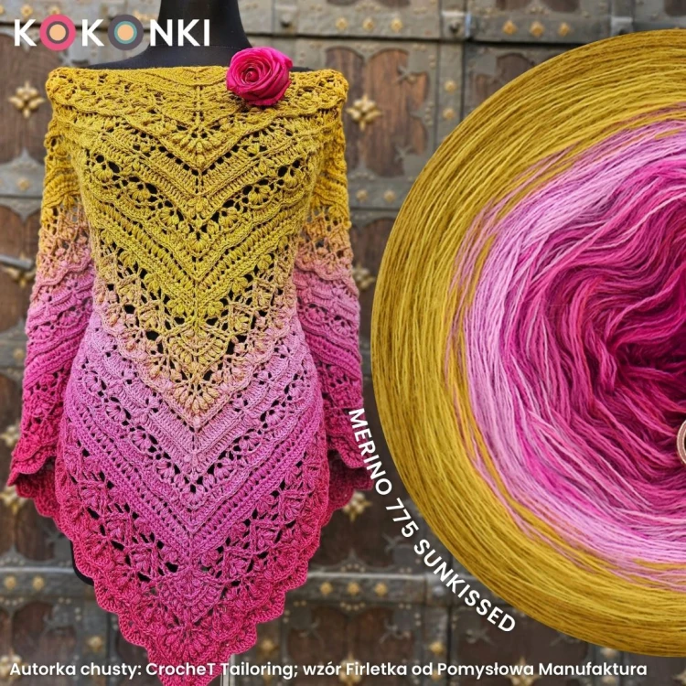 Autorka chusty: CrocheT Tailoring; wzór Firletka od Pomysłowa Manufaktura; Szydełko: 3,25 mm; Wymiary chusty: 86 cm x 193 cm