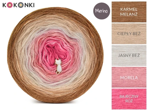 KOKONEK_Merino 789 Special thing - Karmel melanż/ciepły beż/jasny beż/morela/bajeczny róż / 3 nitki / 1200 m / 255 g - GOTOWY