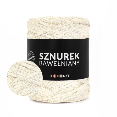 PREMIUM Sznurek bawełniany by KOKONKI 5mm / rolka 100m / krem + złoty LUREX