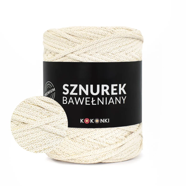 PREMIUM Sznurek bawełniany by KOKONKI 5mm / rolka 100m / krem + złoty LUREX