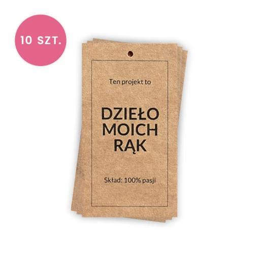 Zawieszka / metka papierowa / "DZIEŁO MOICH RĄK" / brąz / 50 x 90 mm PL / 10 szt.