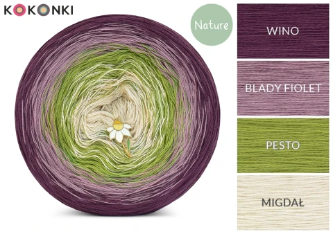 KOKONEK_Nature NT021 Millepiedi - Wino/blady fiolet/pesto/migdał  / 3 nitki / 1200 m / 210 g - GOTOWY 