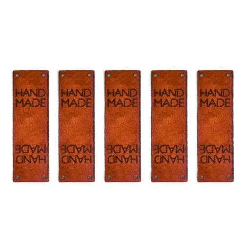 Zestaw metek nubuk premium "HAND MADE" / rdza / 60 x 20 mm / 5 szt.