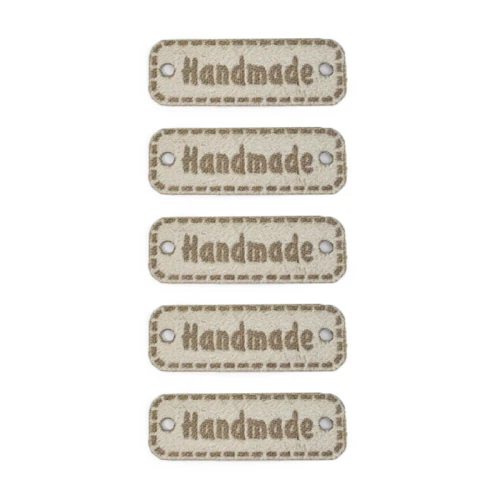 Zestaw metek nubuk premium "Handmade" / szarobeżowy / 11 x 30 mm / 5 szt.