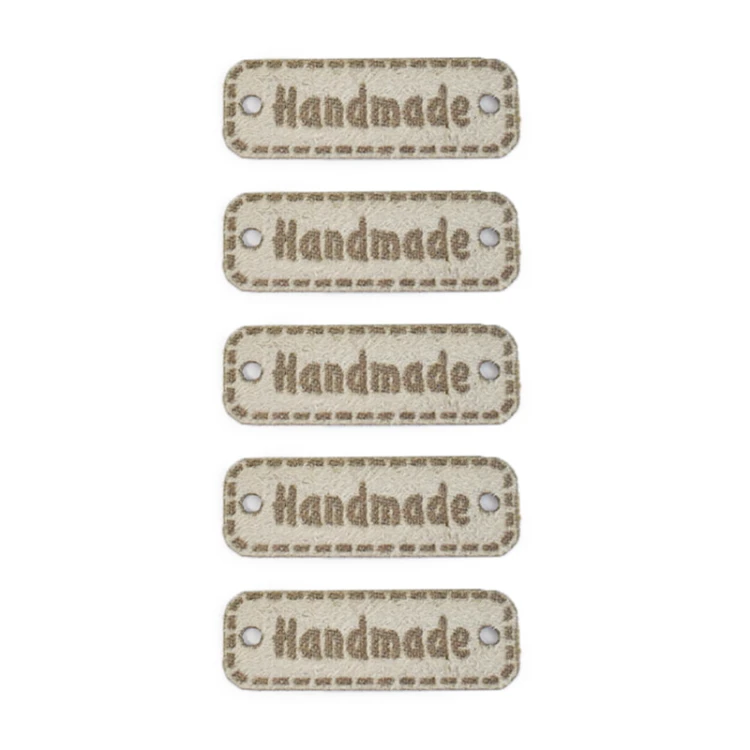 Zestaw metek nubuk premium "Handmade" / szarobeżowy / 11 x 30 mm / 5 szt.