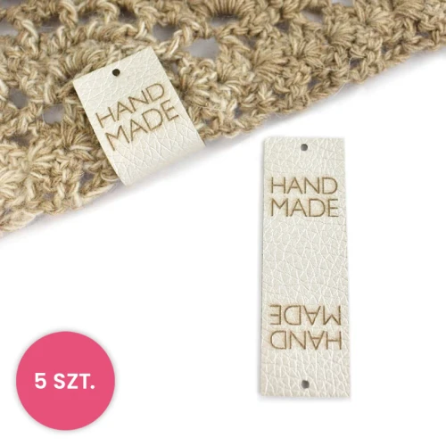 Zestaw metek ekoskóra metalizowana "HAND MADE" / perła / 60 x 20 mm / 5 szt.