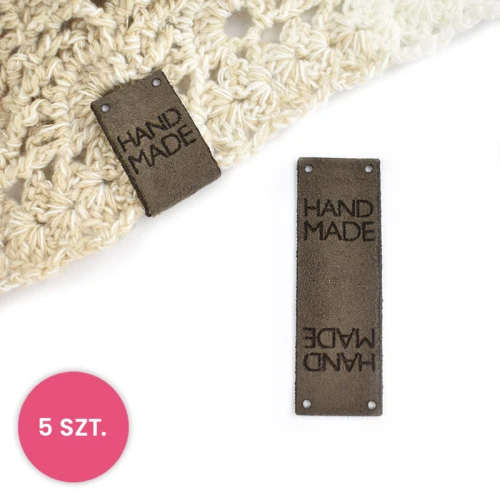 Zestaw metek nubuk premium "HAND MADE" / mocca / 60 x 20 mm / 5 szt.