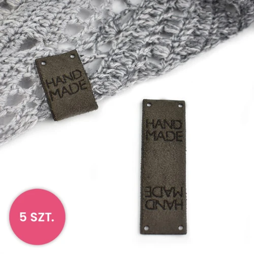 Zestaw metek nubuk premium "HAND MADE" / ciemny szary / 60 x 20 mm / 5 szt.