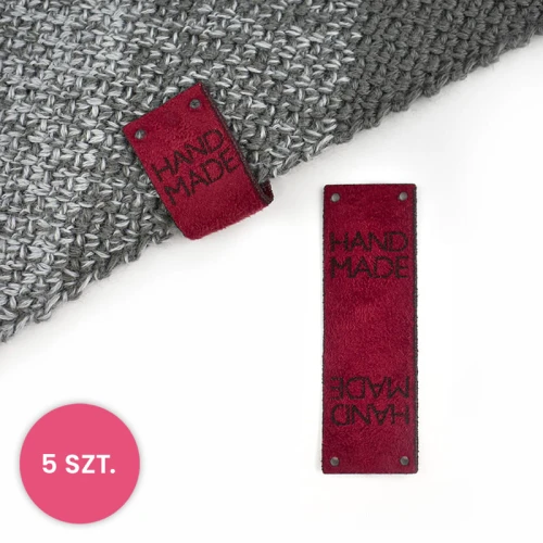 Zestaw metek nubuk premium "HAND MADE" / bordo / 60 x 20 mm / 5 szt.