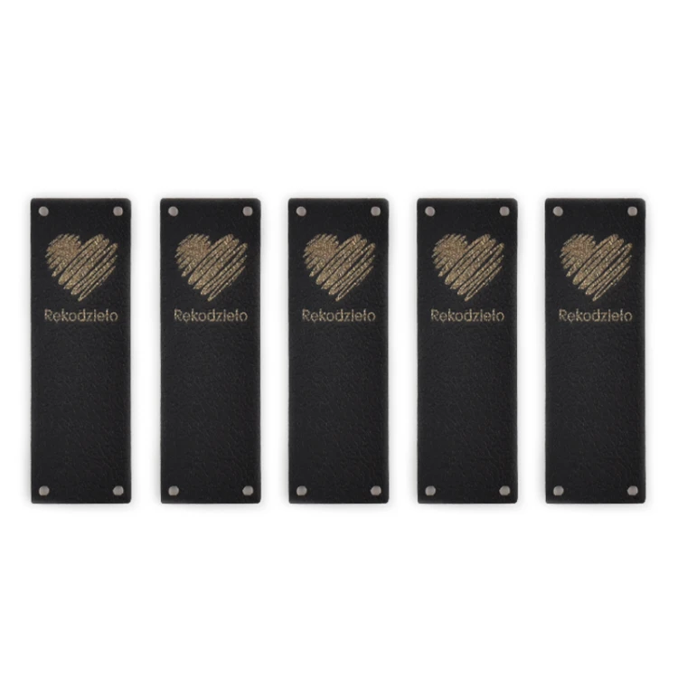 Zestaw metek ekoskóra "Rękodzieło" serce / czerń / 60 x 20 mm / 5 szt.