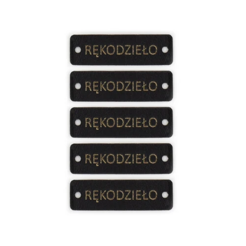 Zestaw metek ekoskóra "RĘKODZIEŁO" / czerń złoto / 12 x 40 mm / 5 szt.