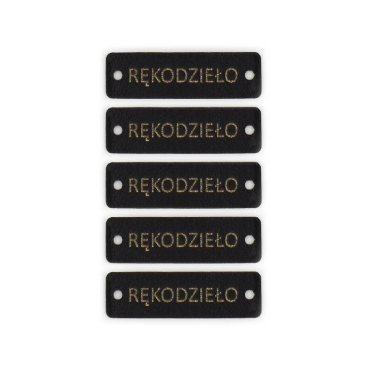 Zestaw metek ekoskóra "RĘKODZIEŁO" / czerń złoto / 12 x 40 mm / 5 szt.