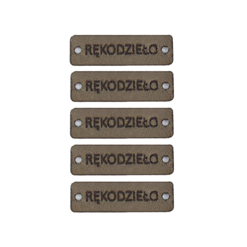 Zestaw metek nubuk premium "RĘKODZIEŁO" / mocca / 12 x 40 mm / 5 szt.