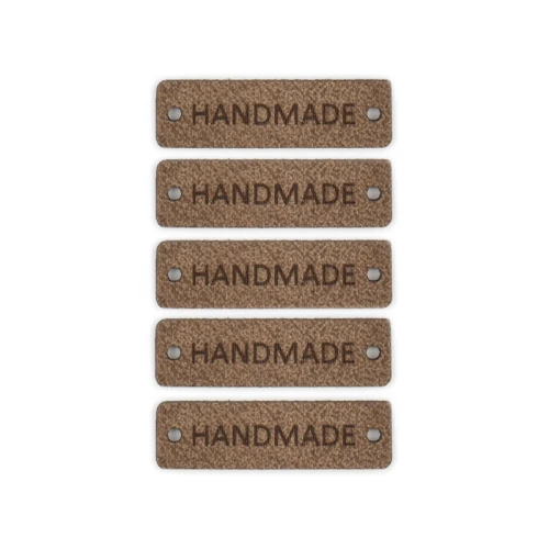 Zestaw metek skóra naturalna premium "Handmade" / chłodny brąz / 40 x 12 mm / 5 szt.