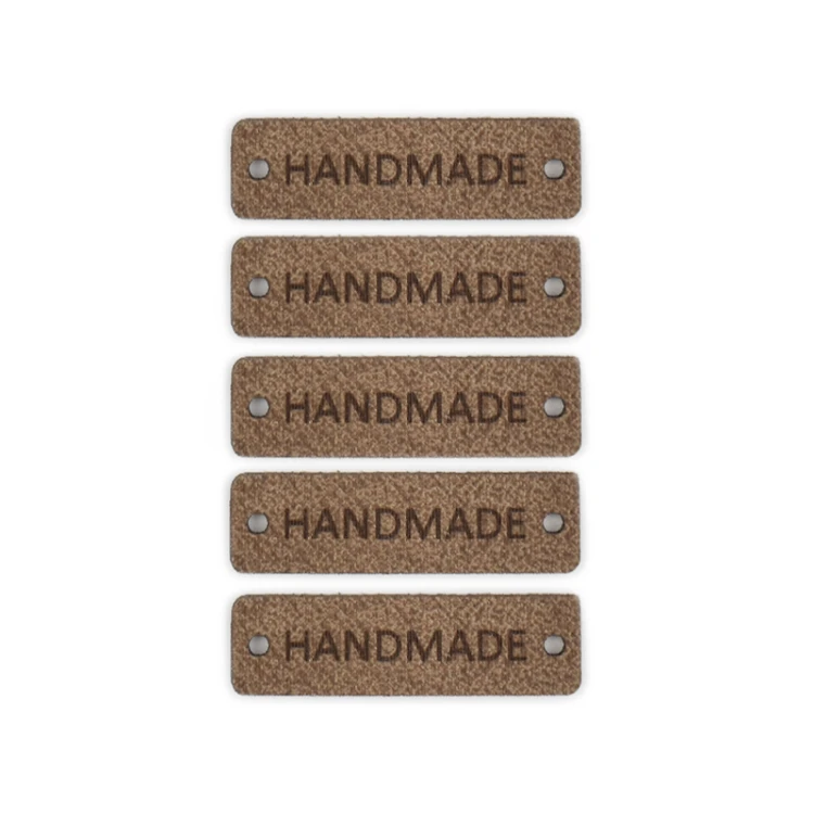 Zestaw metek skóra naturalna premium "Handmade" / chłodny brąz / 40 x 12 mm / 5 szt.