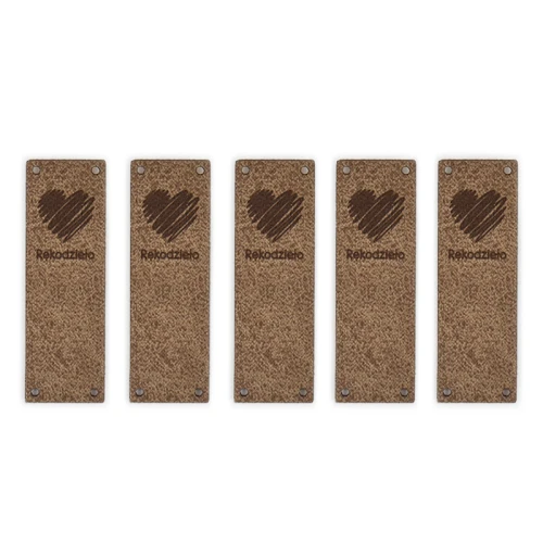 Zestaw metek skóra naturalna ''Rękodzieło'' serce / chłodny brąz / 20 x 60 mm / 5 szt.