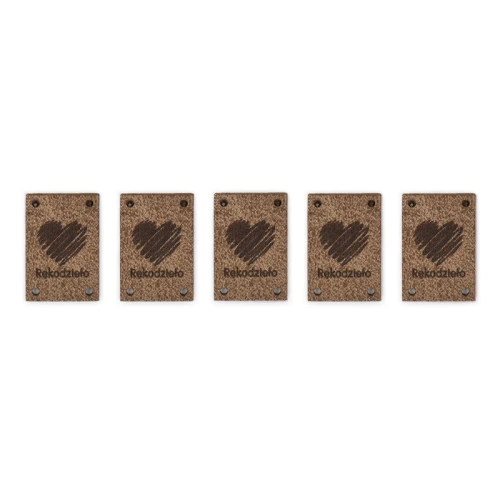 Zestaw metek skóra naturalna premium "Rękodzieło" serce / chłodny brąz / 30 x 20 mm / 5 szt.