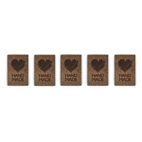 Zestaw metek skóra naturalna premium "Handmade" serce / brąz / 30 x 20 mm / 5 szt.