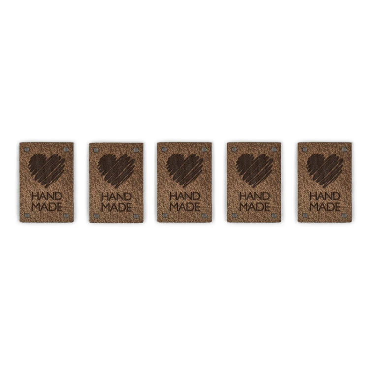 Zestaw metek skóra naturalna premium "Handmade" serce / brąz / 30 x 20 mm / 5 szt.