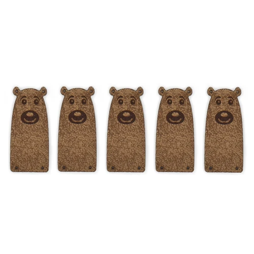 Zestaw metek skóra naturalna "Miś" / chłodny brąz / 50 x 23 mm / 5 szt.