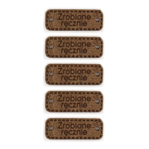 Zestaw metek skóra naturalna premium "Zrobione ręcznie" / brąz / 30 x 11 mm / 5 szt.