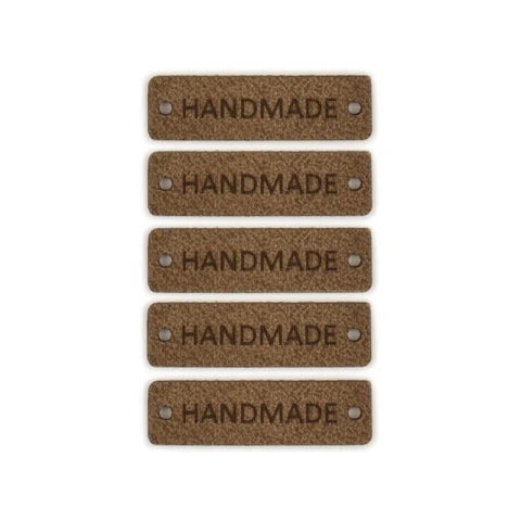 Zestaw metek skóra naturalna premium "Handmade" / brąz / 40 x 12 mm / 5 szt.