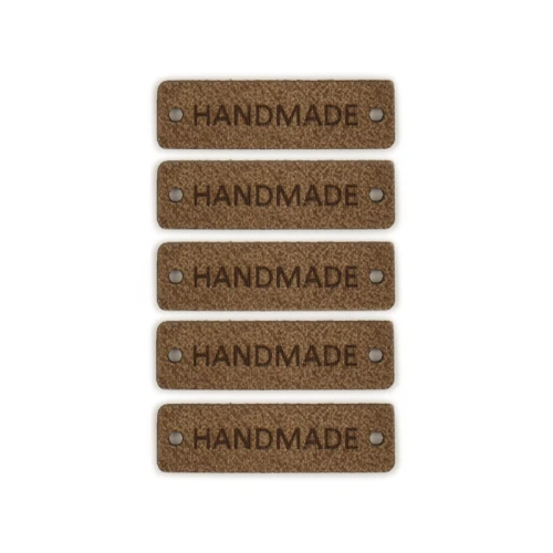 Zestaw metek skóra naturalna premium "Handmade" / brąz / 40 x 12 mm / 5 szt.
