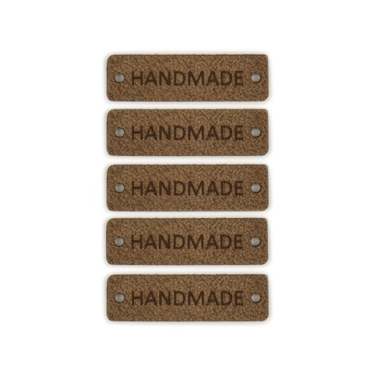 Zestaw metek skóra naturalna premium "Handmade" / brąz / 40 x 12 mm / 5 szt.