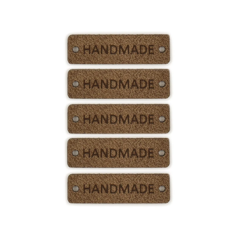 Zestaw metek skóra naturalna premium "Handmade" / brąz / 40 x 12 mm / 5 szt.