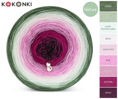 KOKONEK_Nature 9K 03 GOTOWY - Jodła/szałwia/lody pistacjowe/beza/jasny róż/róż/wrzos/jeżyna/wino / 3 nitki / 1400 m / 250 g