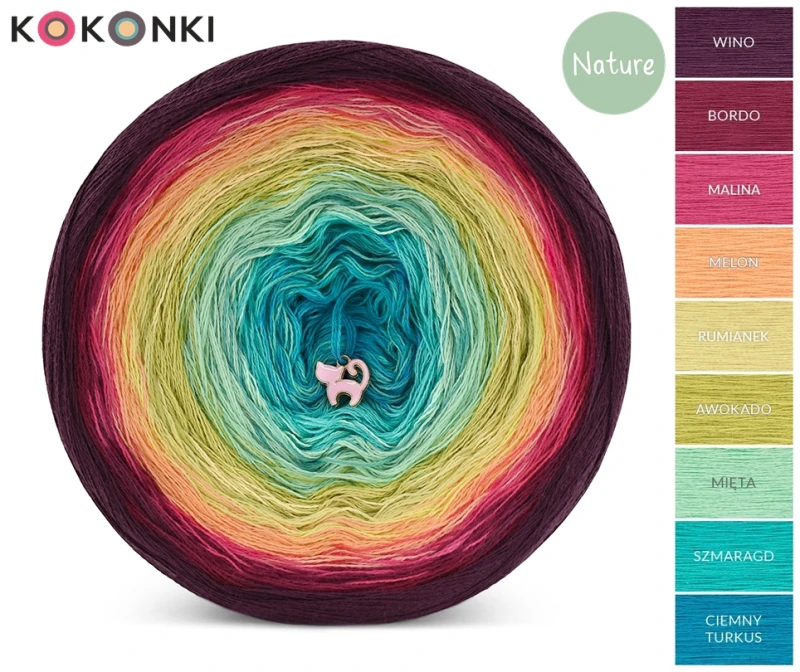 KOKONEK_Nature 9K 08 GOTOWY - Wino/bordo/malina/melon/rumianek/awokado/mięta/szmaragd/ciemny turkus / 3 nitki / 1400 m / 250 g