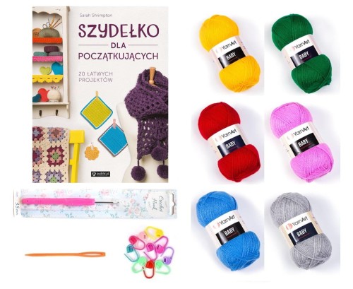 Zestaw SZYDEŁKOWY 30 do nauki / 6 x włóczka, szydełko, książka i akcesoria