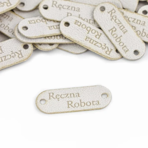 Metka nubuk premium "Ręczna Robota" / biel / 15 x 40 mm / 1 szt.