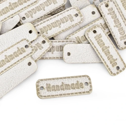 Zestaw metek nubuk premium "Handmade" / biel / 11 x 30 mm / 5 szt.