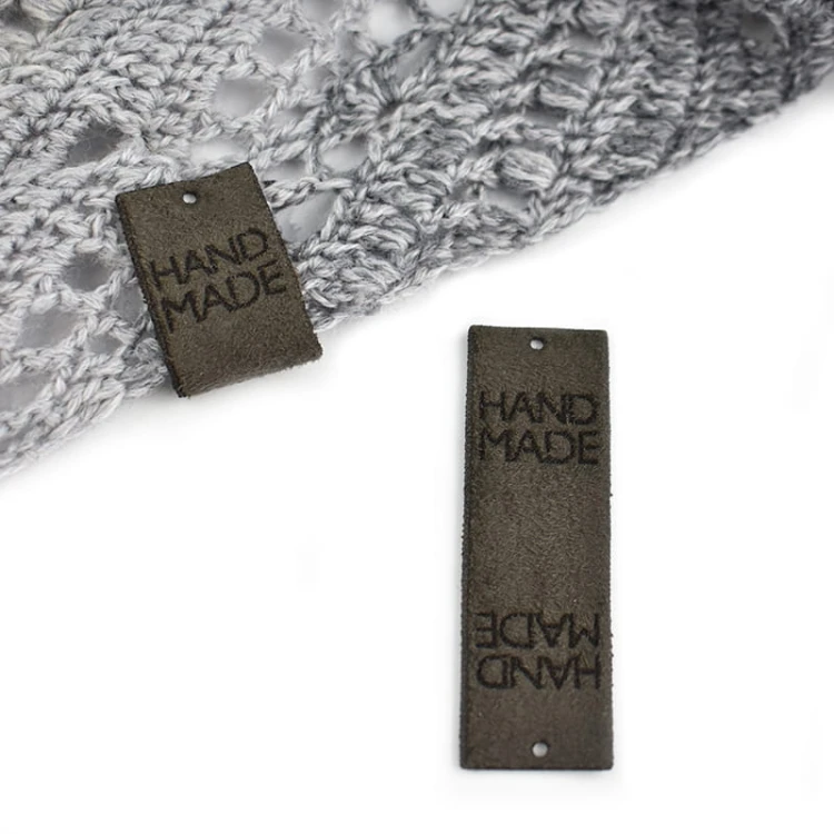 Zestaw metek nubuk premium "HAND MADE" / ciemny szary / 60 x 20 mm / 5 szt.