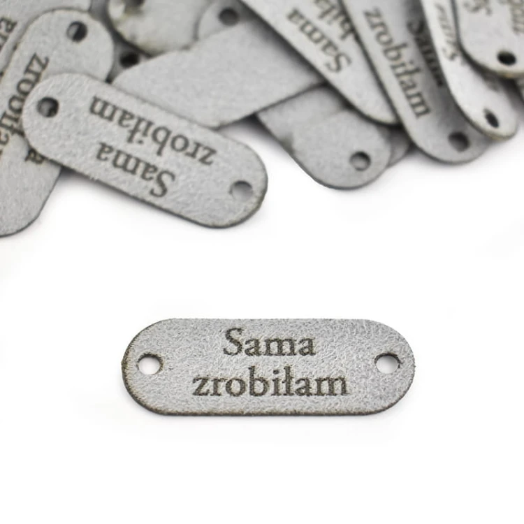 Zestaw metek nubuk premium "Sama zrobiłam'' / jasny szary / 15 x 40 mm / 5 szt
