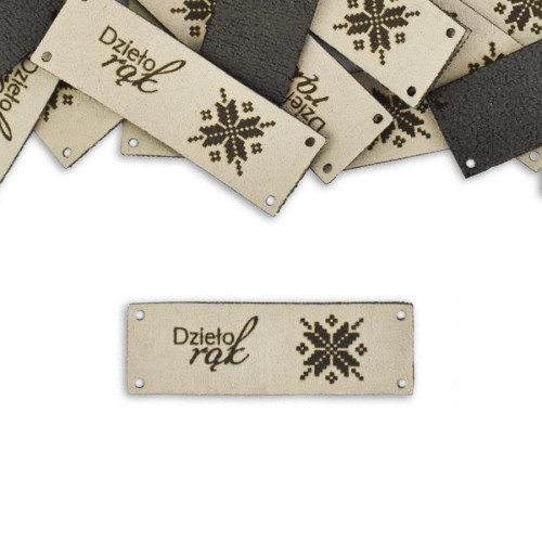 Metka nubuk premium "Dzieło rąk" / haft / beż / 20 x 60 mm / 5 szt.