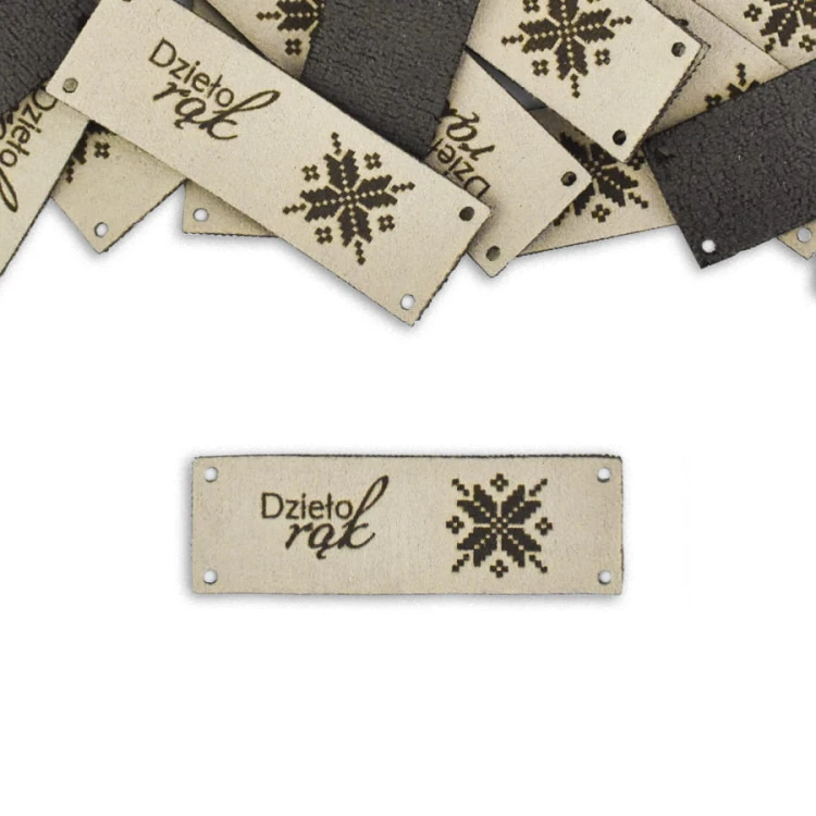 Metka nubuk premium "Dzieło rąk" / haft / beż / 20 x 60 mm / 5 szt.