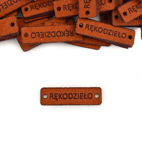 Zestaw metek nubuk premium "RĘKODZIEŁO" / rdza / 12 x 40 mm / 5 szt.
