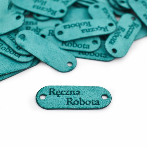 Zestaw metek nubuk premium "Ręczna robota" / turkus / 15 x 40 mm / 5 szt.