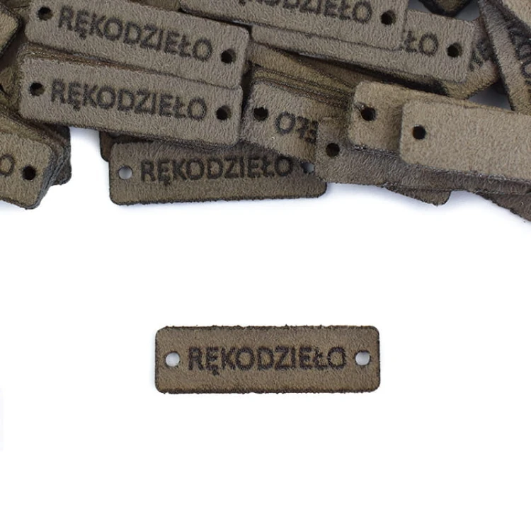Zestaw metek nubuk premium "RĘKODZIEŁO" / mocca / 12 x 40 mm / 5 szt.