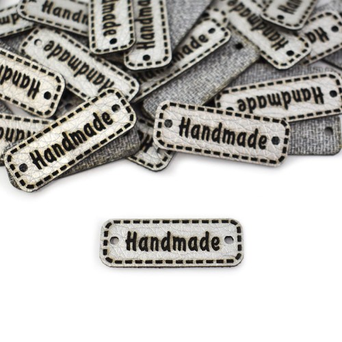 Zestaw metek ekoskóra metalizowana "Handmade" / srebro / 11 x 30 mm / 5 szt.