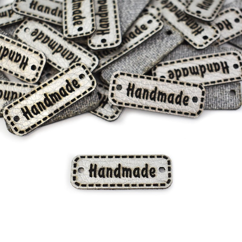 Zestaw metek ekoskóra metalizowana "Handmade" / srebro / 11 x 30 mm / 5 szt.