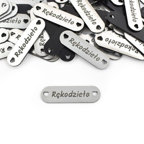 Zestaw metek metalizowanych "Rękodzieło" / srebro / 35 x 10 mm / 5 szt.